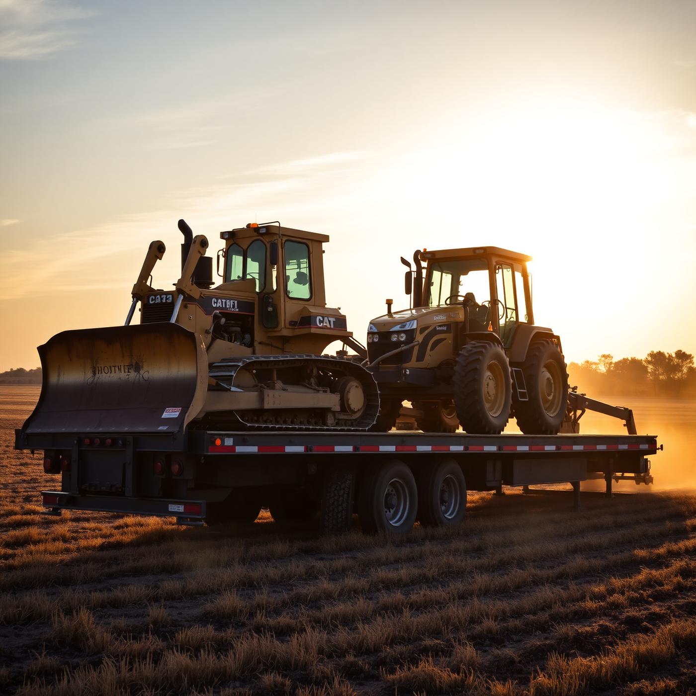 Heavy equipment loaded on a flatbed at golden hour